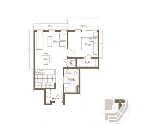 Floor plan for 1 bed, 1 bath, 603 sqft